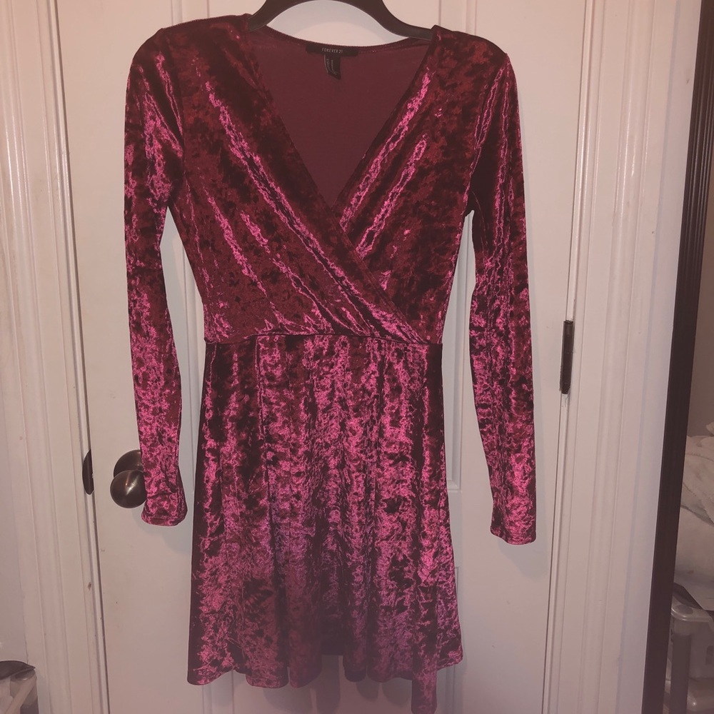 Forever 21 Magenta Crushed Velvet Skater Dress